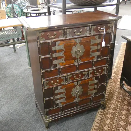 VINTAGE KOREAN CHEST; 3 DRAWERS ABOVE 2 DOORS, REPEATED. 650x320x820mm