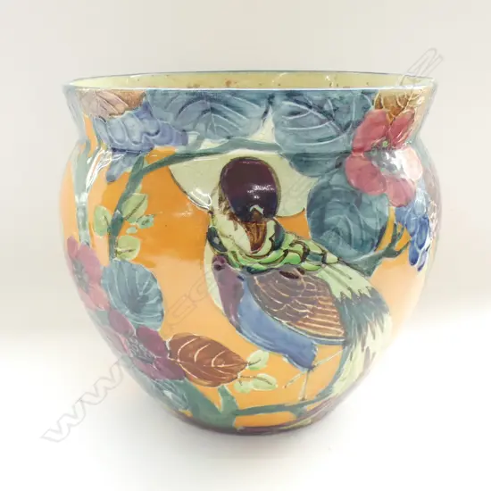 (17863) LGE FORESTERS JARDINIERE w EXOTIC BIRD DECORATION  (SOME CRAZING). H.220mm