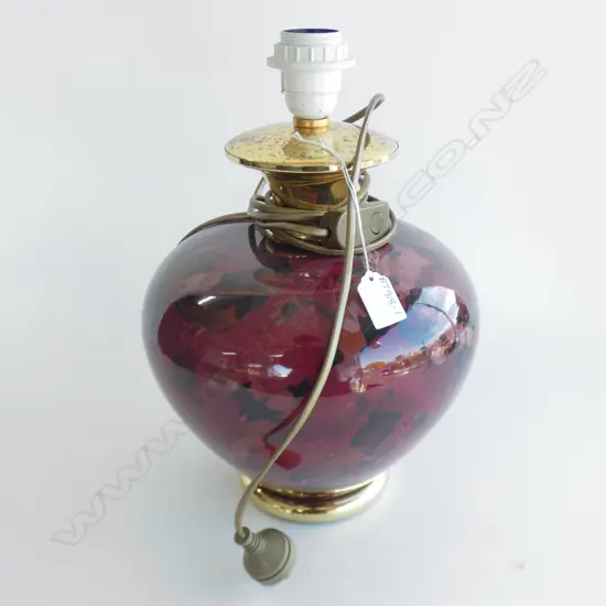 LG MAROON CERAMIC BASE TABLE LAMP WITH BRASS RIMS (SOME PITTING TO BRASS) H 400MM