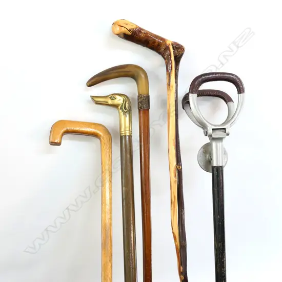 COLLECTION OF FIVE WALKING & SHOOTING STICKS, INCL HORN, BRASS DOG