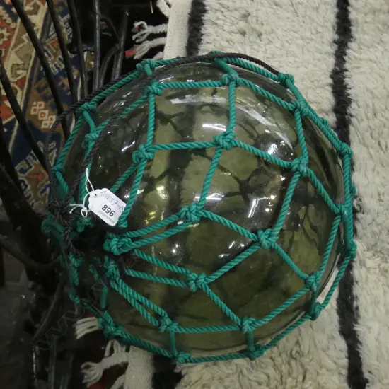OLD GLASS LARGE FISHING FLOAT WITH GREEN NETTING Dia.310mm