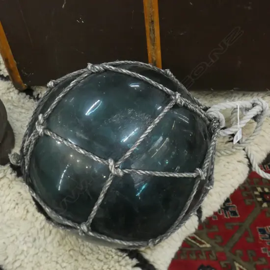 OLD GLASS LARGE FISHING FLOAT WITH NETTING Dia.370mm. hand blown