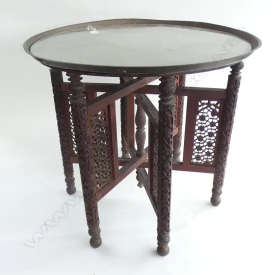 TRAY TABLE; 6 LEGGED FOLDING STAND w. BRASS TRAY & GLASS TOP 600mm dia