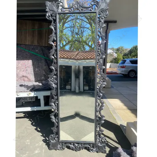 LG ORNATE BLACK CARVED WOODEN WORK MIRROR, 1000 x 2500mm
