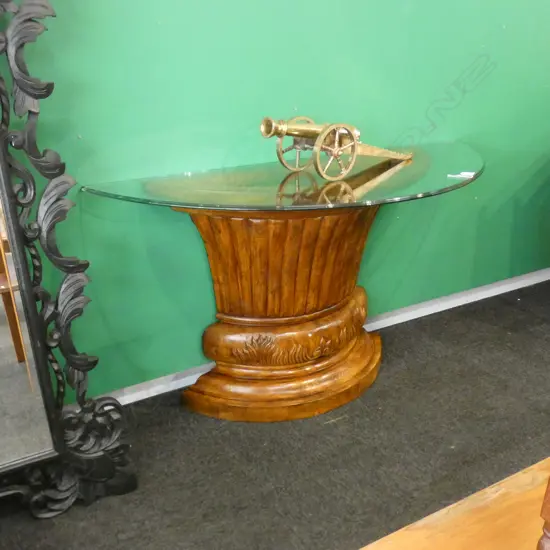 SOLID WOOD DEMILUNE HALL TABLE w. GLASS TOP 1300x500x780mm