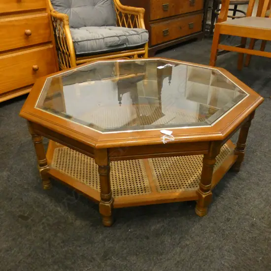 8 SIDED WOODEN & RATTAN GLASS TOPPED COFFEE TABLE DIA 850MM