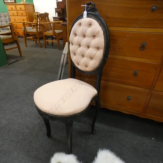 VINTAGE CHAIR; BLACK FRAME BUTTONED BACK