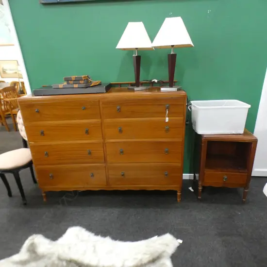 MAHOGANY 8 DRAWER TALL BOY L 1360MM - METAL HANDLES - SOME A/F + MATCHING BED SIDE TABLE