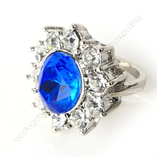 LARGE FAUX SAPPHIRE AND DIAMOND RING