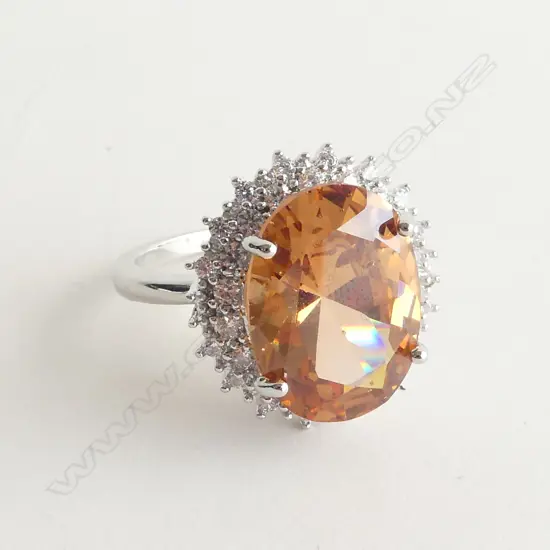 LARGE FAUX CITRINE AND DIAMOND RING SET IN SILVER