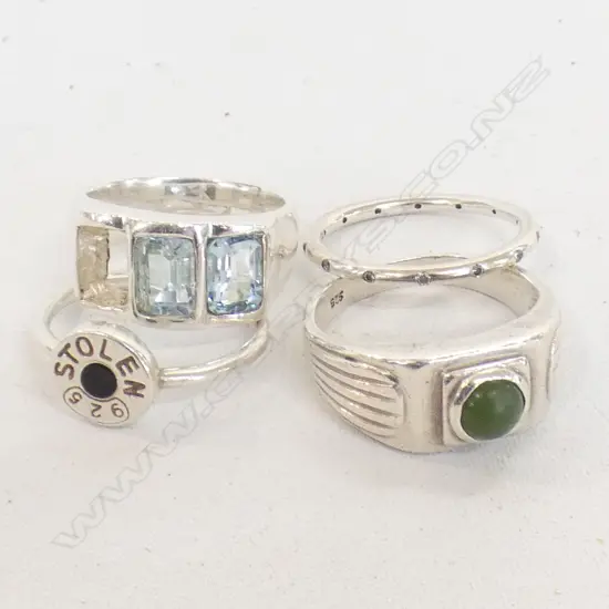 4 x STERLING SILVER RINGS STOLEN GIRLFRIENDS, POUNAMU, BAND WITH CZS + BLUE TOPAZ (AF) STONE MISSING