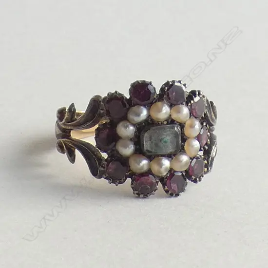 (20195) C1850 ALMANDINE GARNET & SEED PEARL MOURNING RING