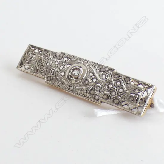 ART DECO WHITE & YELLOW GOLD BROOCH SET DIAMONDS & WHITE SAPPHIRE