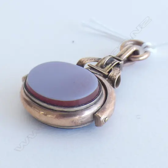 VICTORIAN 10CT ROSE GOLD FOB SWIVEL BLOODSTONE & CHALCEDONY