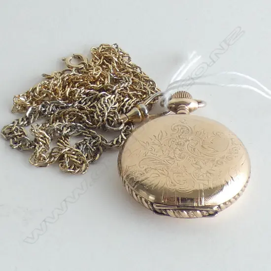 ANTIQUE GOLD PLATED ELGIN POCKET WATCH - GOING (cracks to face) with costume chain