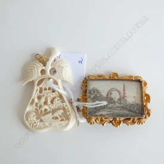 21 CT MINIATURE PAINTING BROOCH + ORIENTAL CARVED IVORY PENDANT