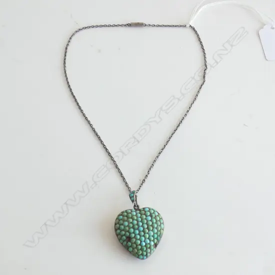 # ANTIQUE SILVER & TURQUOISE HEART PENDANT  2 MISSING. ON CHAIN
