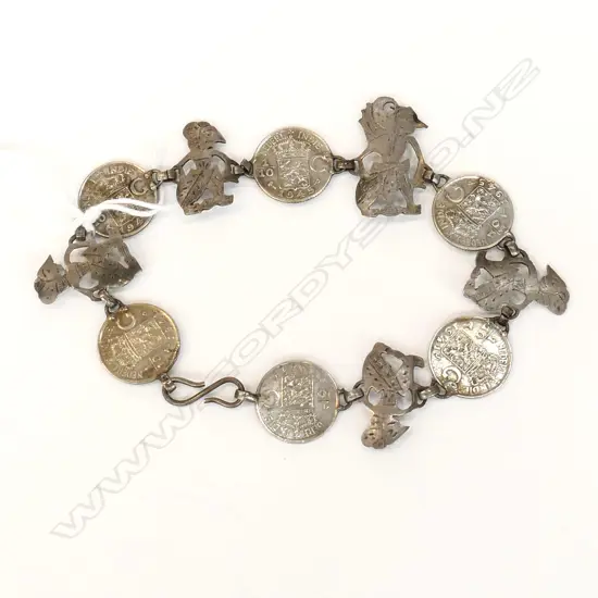 800 SILVER BRACELET WITH DUTCH FIGS & INDONESIAN COIN DATED 1941