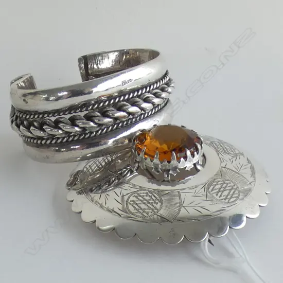 ETHNIC SILVER BANGLE (STAMPED) 127 GRAMS + EP SCOTCH THISTLE BROOCH
