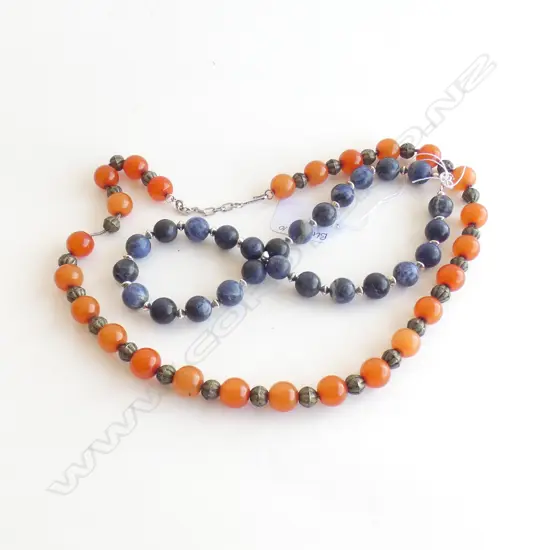 EARLY BAKELITE NECKLACE ON SILVER "SODILITE" BLUE BEADS WITH SILVER SPACERS