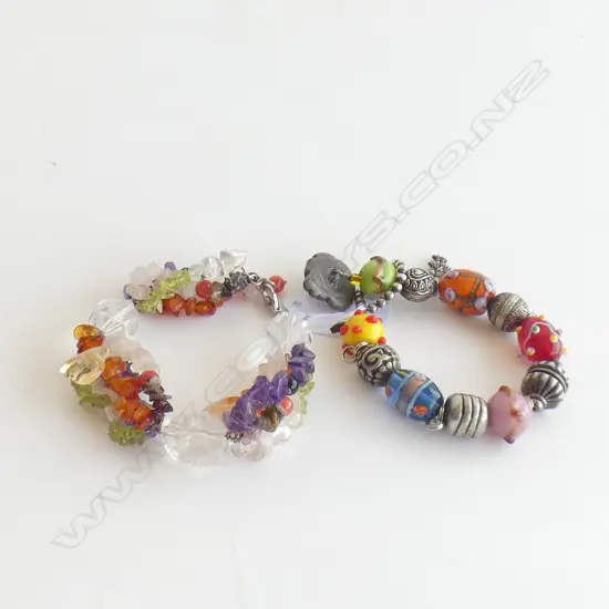 2 X COLOURED BRACELETS (NATURAL STONES/PEWTER FANCY GLASS BEADS)