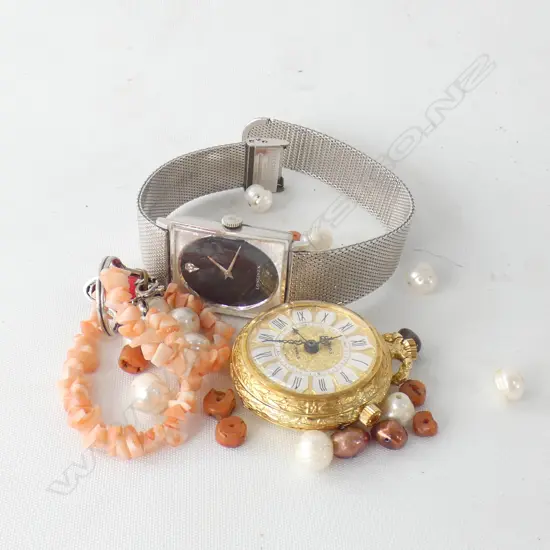 LONGINES? WATCH, CORAL BRACELET & RING, GP POCKET WATCH, SEED PEARLS