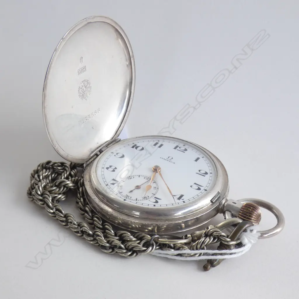 OMEGA SILVER HUNTER POCKET WATCH RUNNING W CHAIN Image 1++