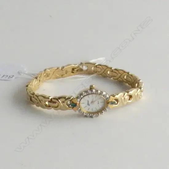 LADIES BELAIR QUARTZ WATCH WITH DIAMONDS (TESTED) & FACET GREEN STONES AROUND FACE (NOT WORKING)