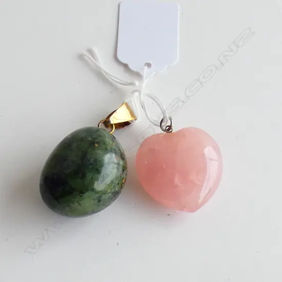 2 LG PENDANTS; 1 HEART SHAPED ROSE QUARTZ & ONE HEAVY OVAL GREENSTONE