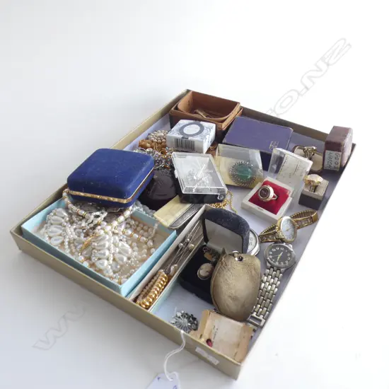 LGE SELECTION COSTUME JEWELLERY: 3 VINTAGE FINGER WATCHES. Pearls. cameos ETC