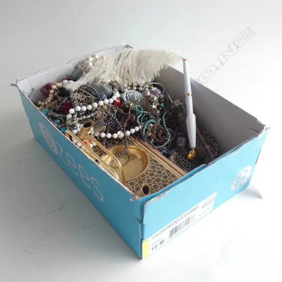 BOX LOT COSTUME JEWELLERY, CASED PEN, OPIUM PIPE, INLAID DESK SET, CRYSTAL WAND L.185mm, 2 PEN HOLDERS