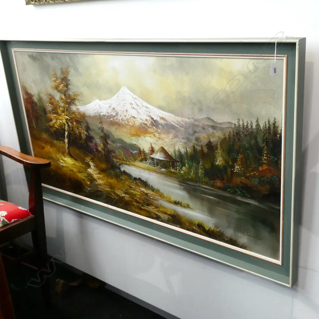 LGE VINTAGE OIL PAINTING MOUNTAIN & LAKE SCENE 600 x 1170mm Image 1++