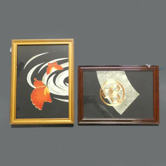 2 FRAMED SILK ARTWORKS: BUTTERFLIES & TRIGRAM. LGEST 350 x 470mm