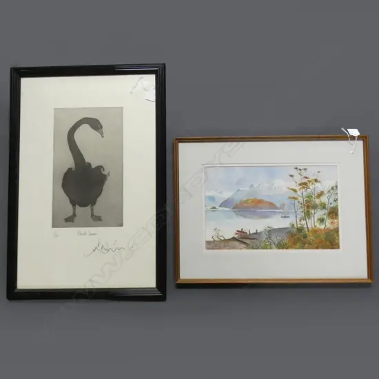 2 FRAMED ARTWORKS. 'BLACK SWAN' 17/100 300x175mm SIGNED + LAKE W/C