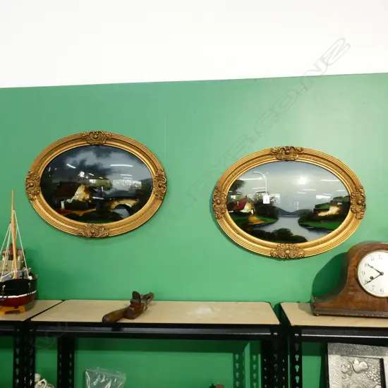 PR OVAL GILT FRAMED PAINTINGS ON CONVEX GLASS 