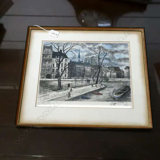 SIGNED PAINTING ON FABRIC TAKEN FROM PONT LOUIS PHILIPPE PARIS 245x310mm