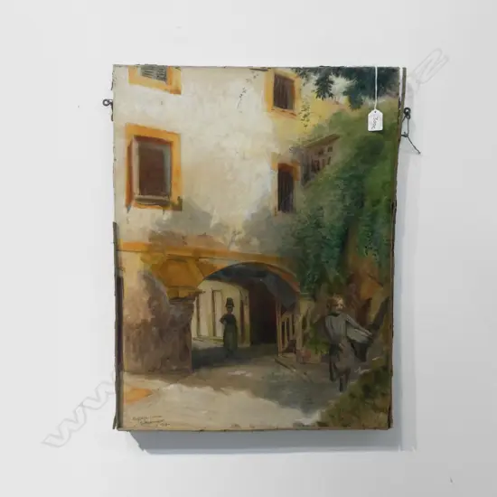 1913 PASTEL ON CANVAS (UNFRAMED) 'GASSAGE - ESPAGNE' BY F BELLANGER  500 X 650MM