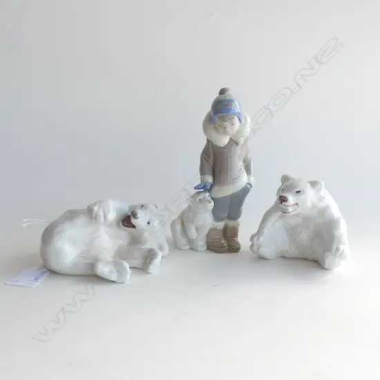 2 ROYAL COPENHAGEN POLAR BEARS + LLADRO GIRL w. POLAR BEAR H.150mm