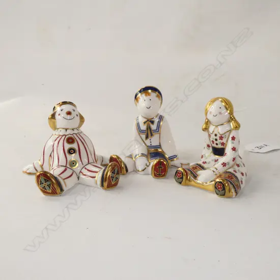 3 ROYAL CROWN DERBY 'TREASURES OF CHILDHOOD' PAPERWEIGHTS; CLOWN DOLL, FLUER RAGDOLL, RAGDOLL SAILOR H.65mm ALL w. BOX