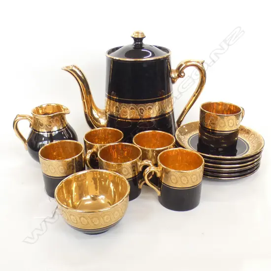 15PC GIBSON & SONS LATE SEVRES DAVENPORT BLACK & GOLD DEMITASSE COFFEE SET; COFFEE POT, 6 C&S, JUG & BOWL