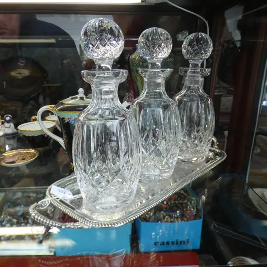 3 WATERFORD CONNOISSEUR SHAPE LISMORE PATTERN DECANTERS & SILVER PLATE TRAY ...