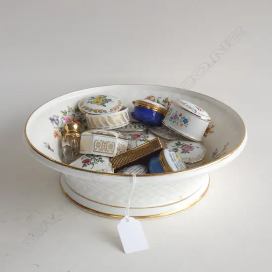 12 MINIATURE LIDDED BOXES + DUPONT LIGHTER IN MINTON 'MARLOW' BOWL 250mm dia