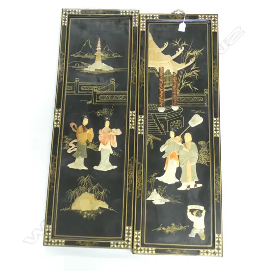 2 ORIENTAL WOODEN PANELS; SIMULATED BONE & HARDSTONE CARVED ORIENTAL FIGURE DESIGNS 900 X 300MM
