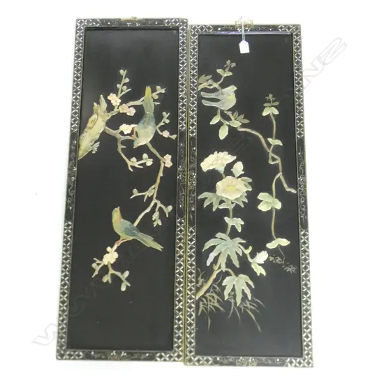 2 ORIENTAL WOODEN PANELS; SIMULATED BONE & HARDSTONE CARVED  BIRD DESIGNS  900 X 300MM`