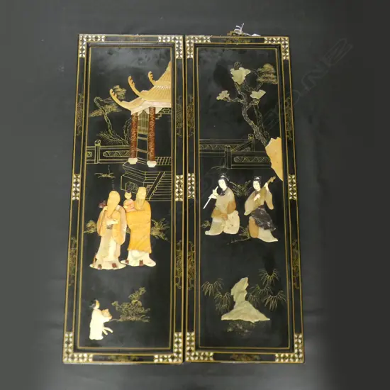 2 ORIENTAL WOODEN PANELS; SIMULATED BONE & HARDSTONE CARVED ORIENTAL FIGURES  900 X 300MM`