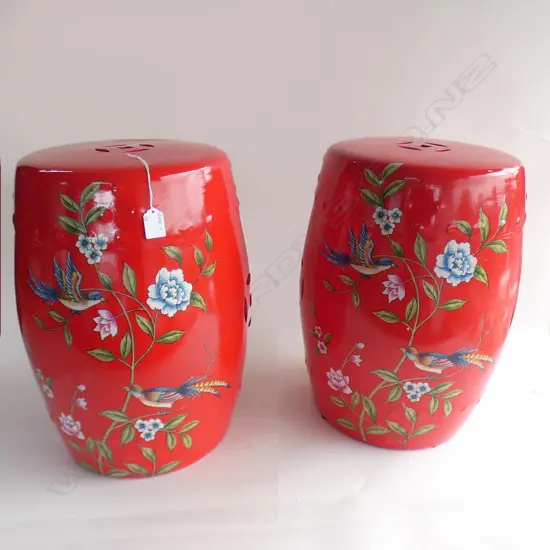 PR RED CHINESE CERAMIC BARRELL STOOLS W BIRDS & FLOWERS H.450mm