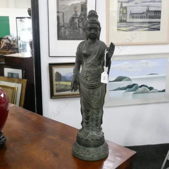 OLD BRONZE STANDING QUAN YIN SERENE GODDESS FIGURE H.495mm