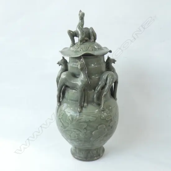 LG ORIENTAL GREEN LIDDED URN DECORATED WITH LG APPLIED MYTHICAL CREATURES INC. LID. THE LID IS A/F