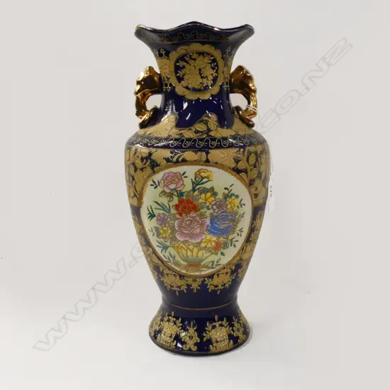 LG COBALT & GOLD GILDED VASE WITH FLORAL DECALS TO SIDES - NO MARKS TO BASE H 305MM