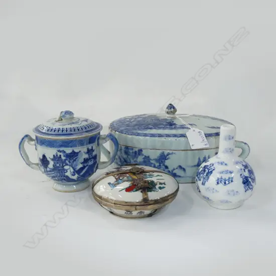 4 ORIENTAL ITEMS; 2 LIDDED B/W DISHES (1 AF) & TRINKET BOX w. EROTIC SCENES